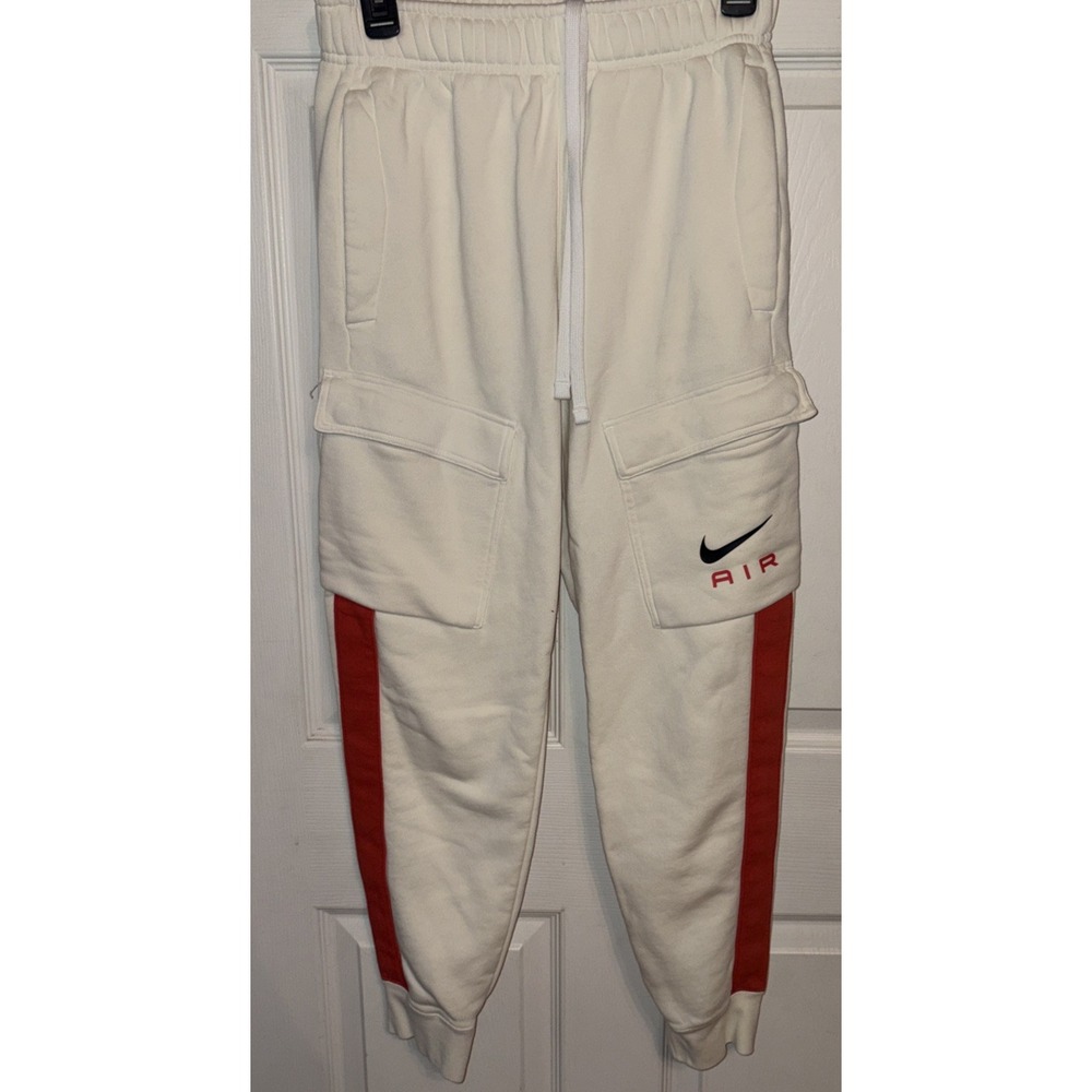 Nike Air Fleece Men's S Cargo Joggers Off White Lt Crimson Logo Sweatpants